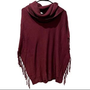 Michael Kors Burgundy Cowl Neck Poncho Sweater with Fringe